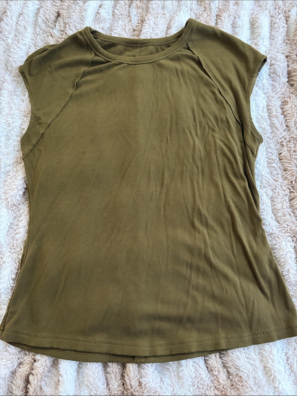 Olive Green Ribbed Cap-Sleeve Women's Top